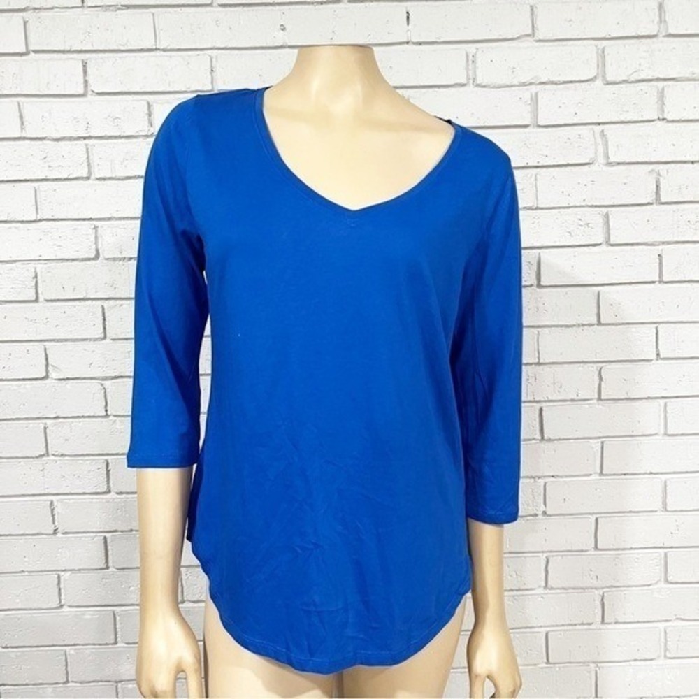 New York Company Royal Blue V-Neck 3/4 Sleeve Curved Hem Top Preppy M